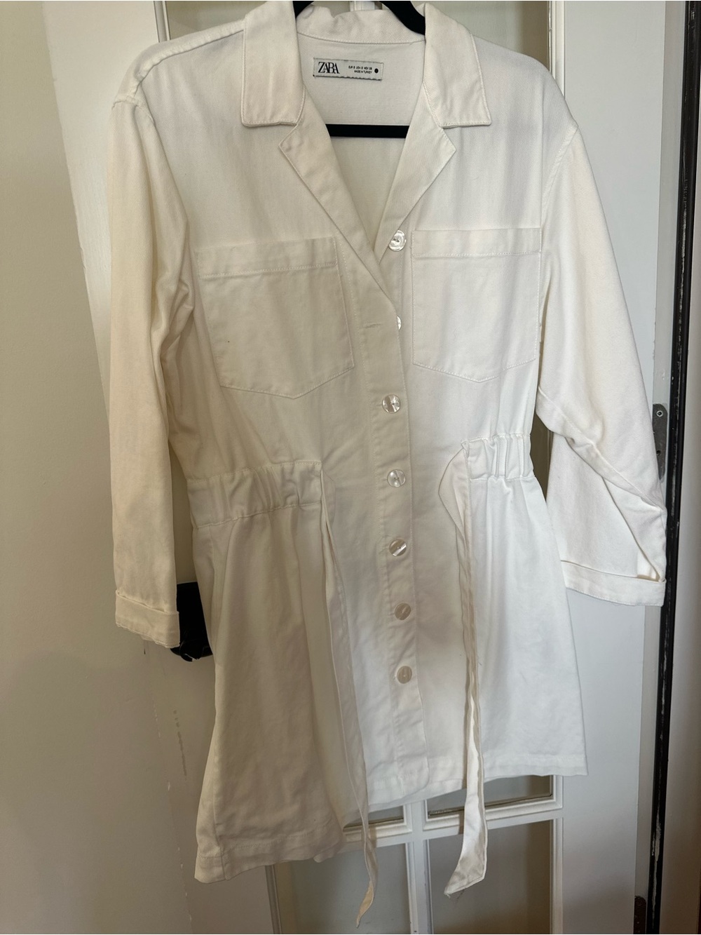 Zara Cream Button-Front Utility Dress with Drawstring Waist